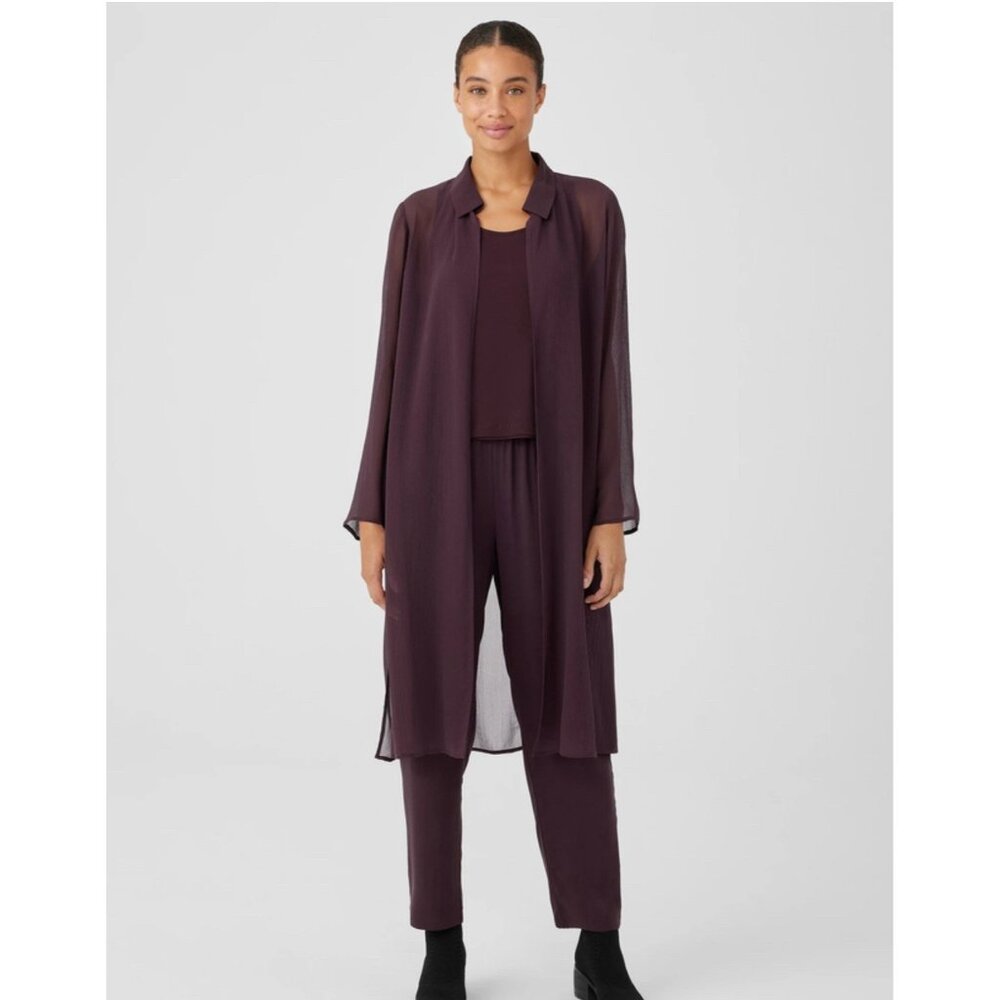 Eileen Fisher 100% Silk Georgette Large Crepe Long Kimono Sheer Brown NWT 077